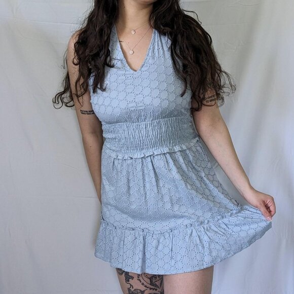 Jessica Simpson Halter Mini Dress Smocked Waist Embroidered Blue Size Small - Picture 1 of 11